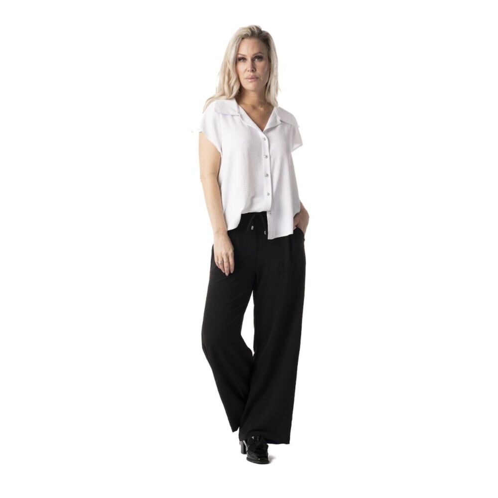 Pure Essence NWT Womens Wide‎ Leg Pants Large L Black Elastic Drawstring Crepe